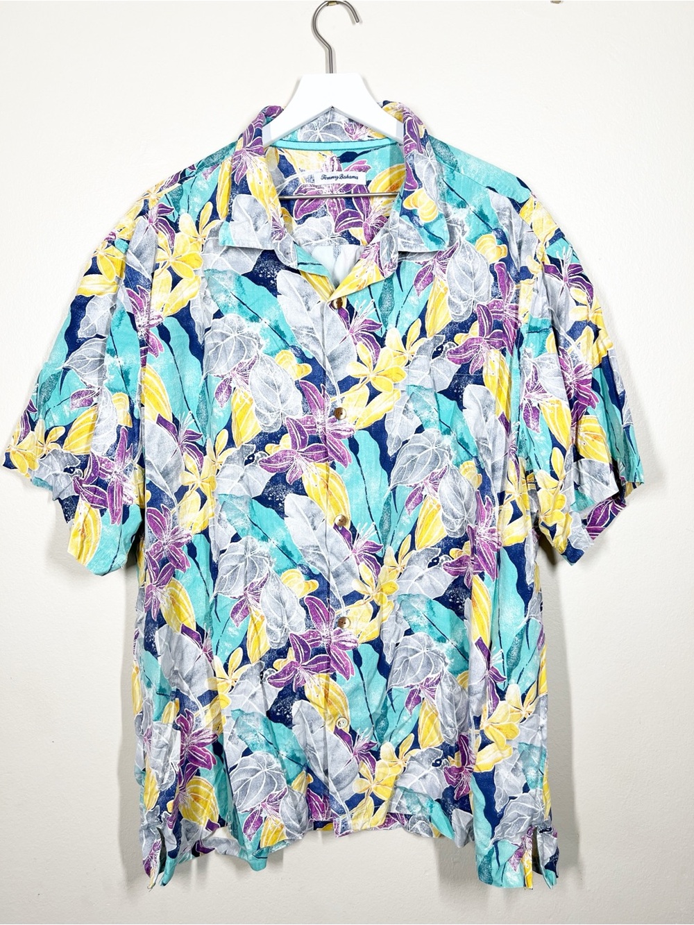 Tommy Bahama Aqua Floral Hawaiian Palm Camp Silk Short Sleeve Shirt Size XXXL